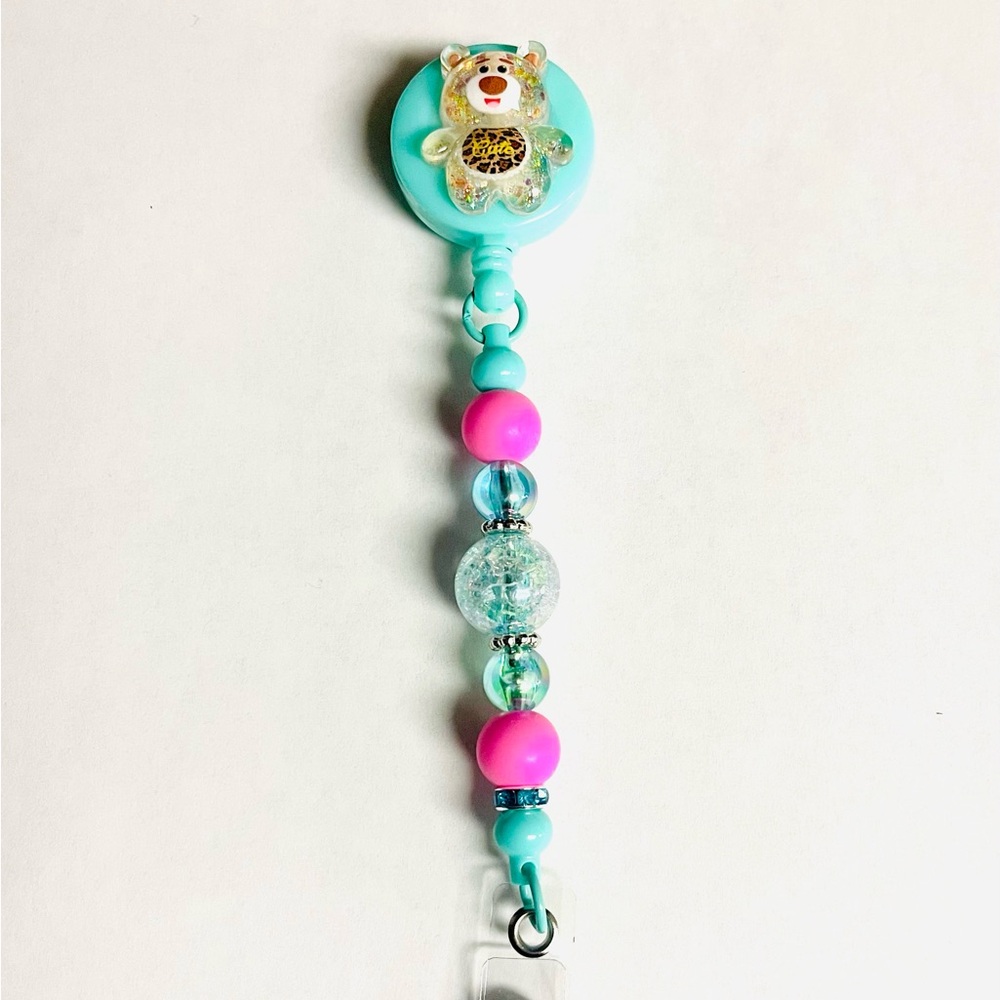 Cute teal badge reel with glittery bear